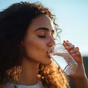 Woman drinking water to stay hydrated, highlighting the importance of proper hydration and electrolytes