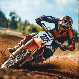 Motocross rider leaning into a turn on a dirt track, showcasing Boulder Salt's hydration benefits for athletes and motorsports enthusiasts.