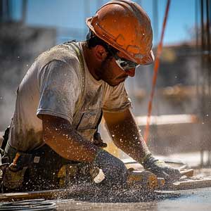 Construction worker using tools outdoors, focusing on hydration and electrolyte balance for manual labor