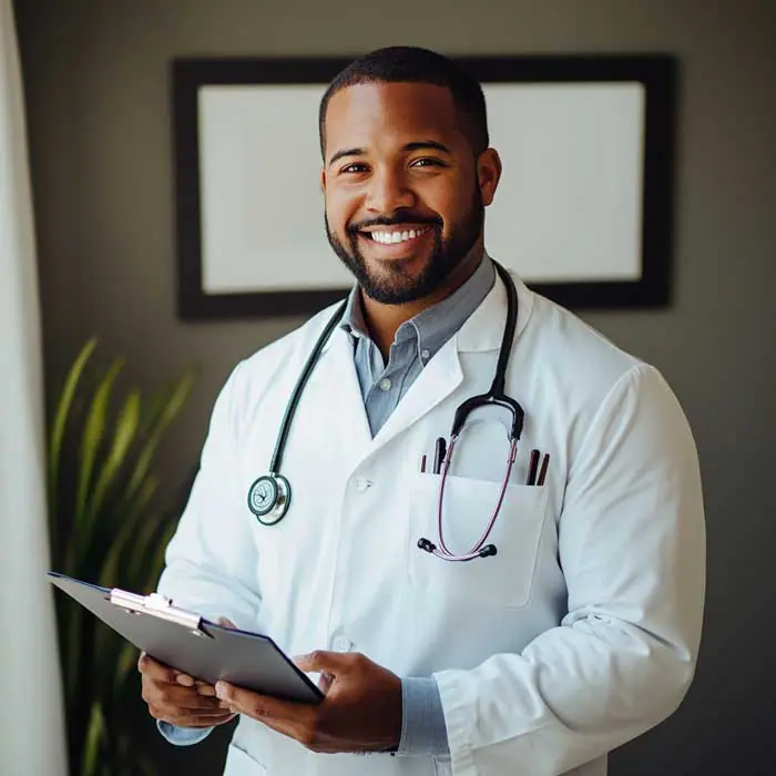 Smiling doctor promoting the health benefits of Boulder Salt, a revolutionary healthy salt alternative