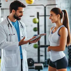 Doctor discussing hydration and electrolyte needs with a female athlete in a gym setting.